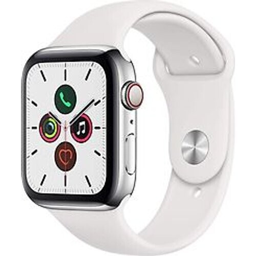 Apple Watch Series 5 44 mm roestvrij stalen kast zilver op sportbandje wit [wifi + cellular]
