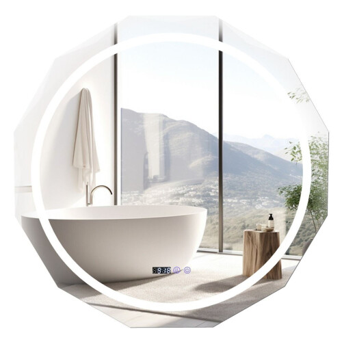 Coast LED-Badkamerspiegel - 76x76 cm - Anti-Condens Verlichting Klok Temperatuurweer - Zilver/Wit