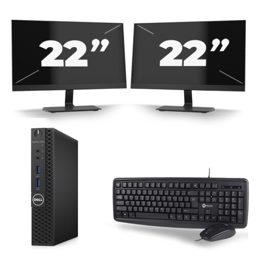 Dell OptiPlex 3070 Micro USFF - Intel Core i5-9e Generatie - 8GB RAM - 256GB SSD - Windows 11 + 2x 22 inch Monitor