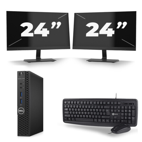 Dell OptiPlex 3070 Micro USFF - Intel Core i5-9e Generatie - 8GB RAM - 256GB SSD - Windows 11 + 2x 24 inch Monitor