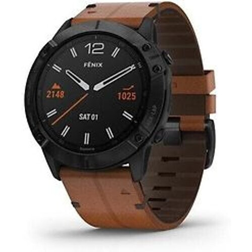 Garmin Fenix 6X Sapphire 51 mm zwart met een bruine leren polsband