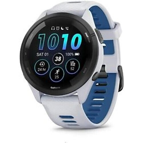Garmin Forerunner 265 46 mm wit/zwart met een blauw/wit siliconen polsband