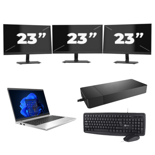 HP EliteBook 640 G9 - Intel Core i5-12e Generatie - 14 inch - 8GB RAM - 256GB SSD - Windows 11 Home + 3x 23 inch Monitor