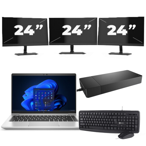 HP EliteBook 645 G9 - AMD Ryzen 5 5625U - 14 inch - 8GB RAM - 256GB SSD - Windows 11 Home + 3x 24 inch Monitor