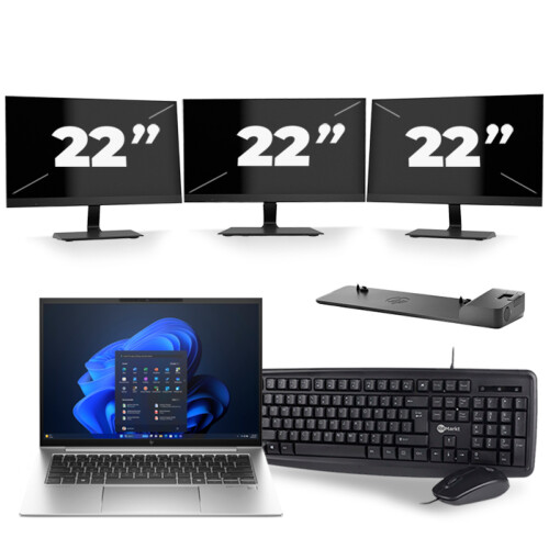 HP EliteBook 840 G9 - Intel Core i5-12e Generatie - 14 inch - 8GB RAM - 256GB SSD - Windows 11 + 3x 22 inch Monitor