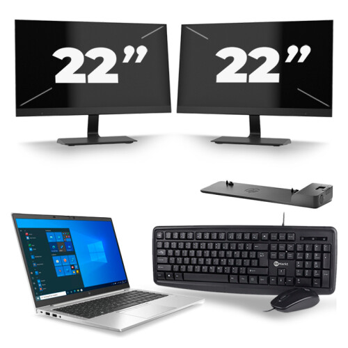 HP EliteBook 845 G7 - AMD Ryzen 3 Pro 4450U - 14 inch - 16GB RAM - 256GB SSD - Windows 10 Home + 2x 22 inch Monitor