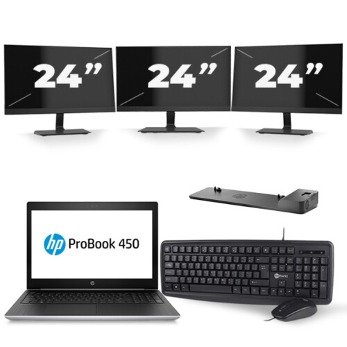 HP ProBook 450 G5 - Intel Core i5-8e Generatie - 15 inch - 16GB RAM - 256GB SSD - Windows 11 + 3x 24 inch Monitor