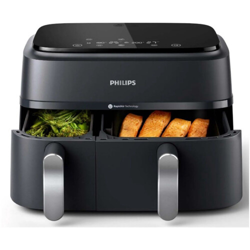 Philips 3000 Series - Dual Airfryer NA351/00 - Dubbele Mand 9L tot 6 Personen - Zwart/Zilver