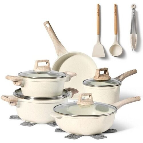 Tweedekans 14-delige pannenset antiaanbaklaag in beige graniet - Geschikt voor alle warmtebronnen, inclusief inductie Just Perfecto JL-777