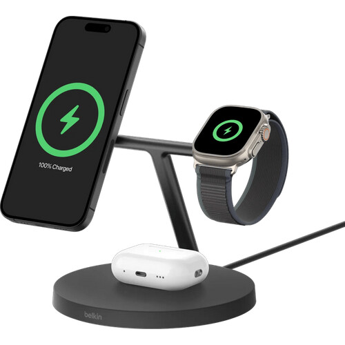 Tweedekans Belkin Boost Charge Pro MagSafe en Qi2 3-in-1 Draadloze Oplader 15W met Standaard Zwart
