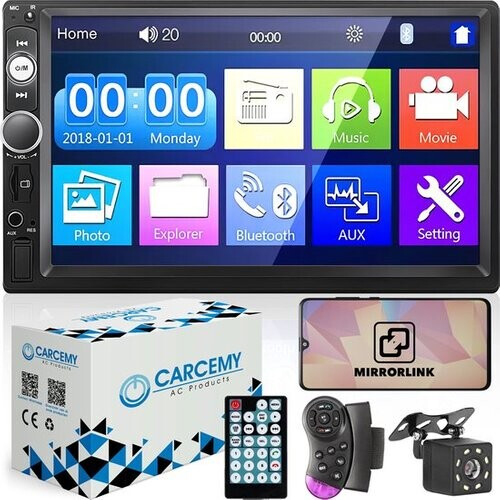 Tweedekans Carcemy Autoradio met Bluetooth voor alle auto's - USB & Aux - Handsfree bellen - Mirrorlink - Met ingebouwde Microfoon - Inclusief 8 Led Achteruitrijcamera