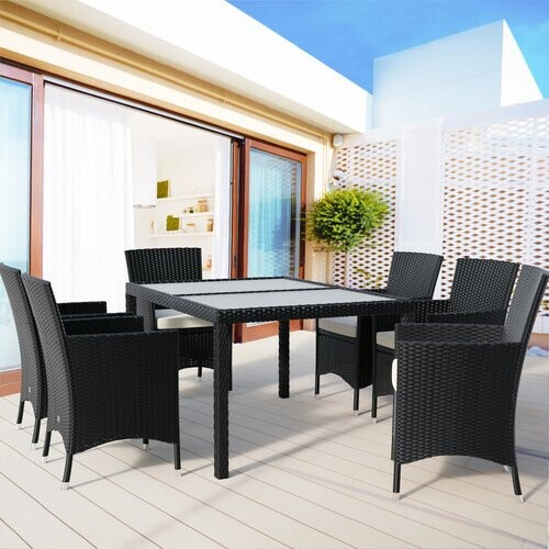 Tweedekans Casaria Polyrattan Tuinset – 6 Stoelen & Tafel 150x90cm – Zwart