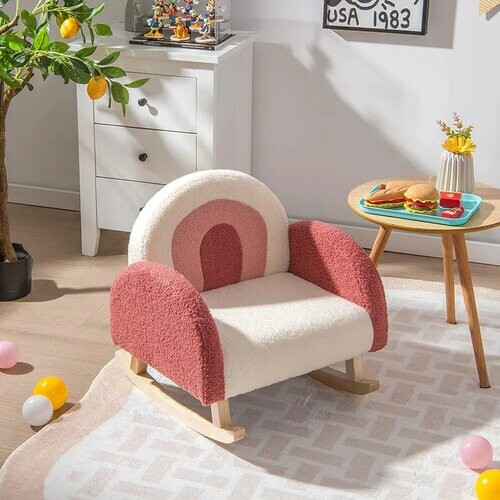Tweedekans Coast Children's Swing Chair Teddy Plush fauteuil met schommelende benen gemaakt van Poplar Wood Red