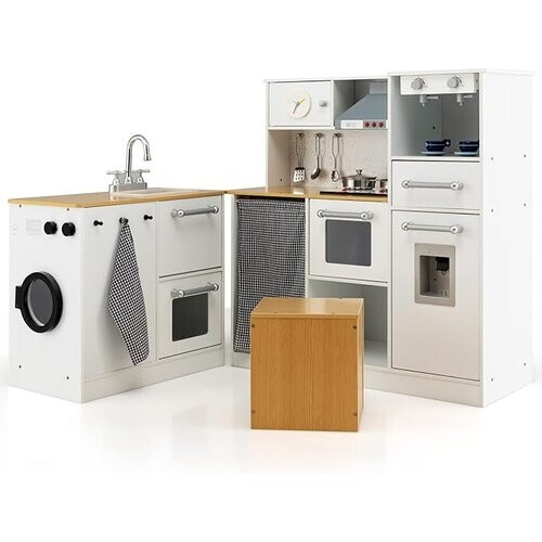 Tweedekans Coast – Eck Speelkeuken met Licht en Geluid – 79x29x81 cm – Wit & Natuur MDF – Inclusief Hocker en Accessoires – Realistisch Houten Speelgoed voor Kinderen vanaf 3 Jaar