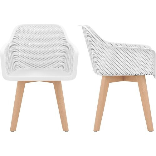 Tweedekans Coast Eetkamerstoelen Wit – Set van 2 – 57 x 56 x 75 cm – Met Mesh Rugleuning en Beukenhouten Poten