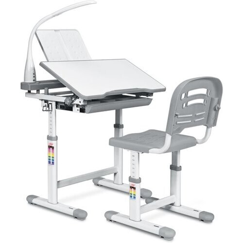 Tweedekans Coast Kinderbureau inclusief Stoel - Met Lade en LED Lamp - Verstelbaar - 66 x 47 x 54-76 cm - Grijs