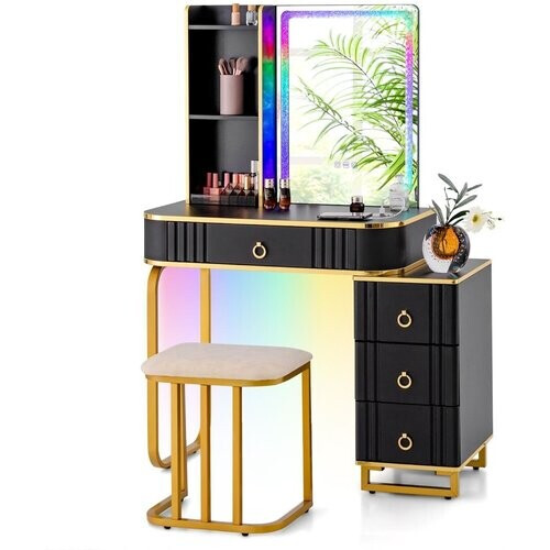 Tweedekans Coast Make-Up Tafel met Spiegel en Oplaadstation - Inclusief Kruk - Zwart - 80 x 40 x 137 cm