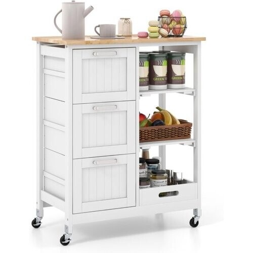 Tweedekans Coast Serveerwagen met Wielen - 3 Laden - Rubberhouten Blad - 67 x 37 x 83,5 cm - Wit