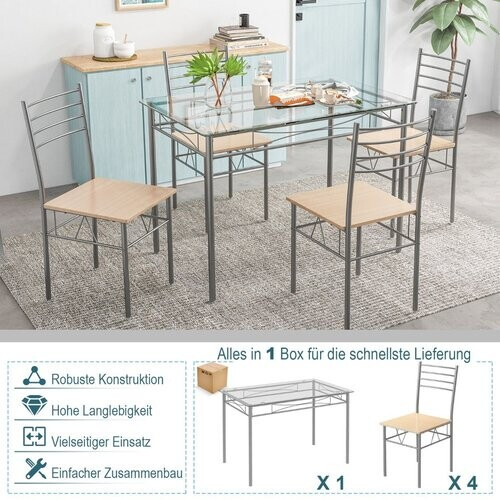 Tweedekans Coast Tafel met 4 stoelen - Glazen blad - Max. 20 kg - Grijs / Bruin