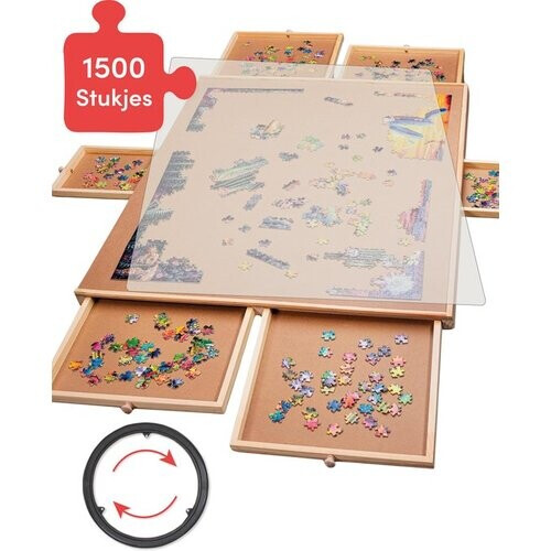 Tweedekans Draaibaar Puzzelbord met Opbergsysteem - 6 lades - 1500 stukjes - Houten - Puzzeltafel - Puzzelplank - Puzzelmap - Puzzelplaat - Incl. Bescherm cover - Puzzel - mat - Koffer - Sorteerbakjes