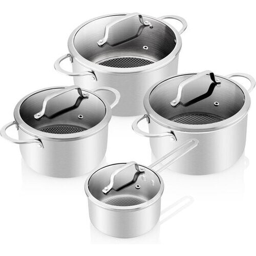 Tweedekans ETA HoneyComb Pannenset voor Inductie en alle Warmtebronnen – Ovenbestendig – Set van 4 Pannen met Glazen Deksel – Roestvrij Staal – Non-Stick – RVS