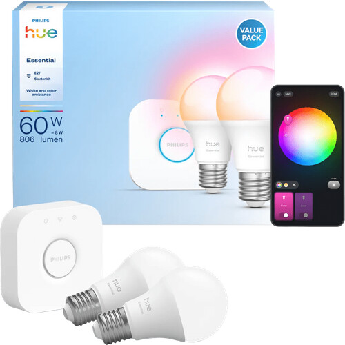 Tweedekans Philips Hue Essential A60 White and Color Starter Pack E27 806lm 2-pack + Bridge