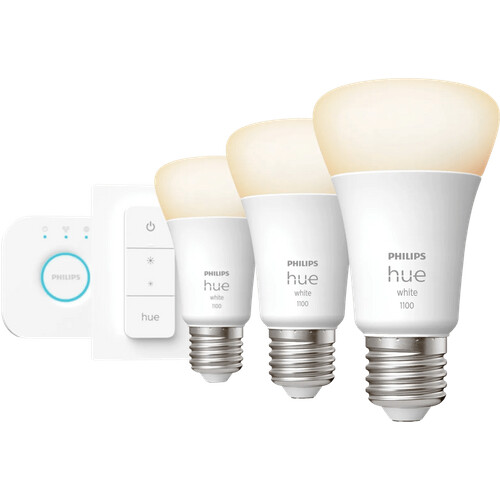 Tweedekans Philips Hue White Starter Pack E27 met 3 lampen, dimmer + Bridge