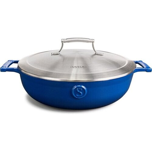 Tweedekans Saveur Voyage Hapjespan Ø30 cm – Gietijzer – PFAS-vrij – Geschikt voor Inductie & Oven – Met Deksel – Klassiek Blauw – Voor Stoven & Braden