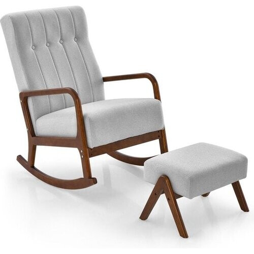 Tweedekans Schommelstoel met Voetenbank Gestoffeerd Rubberhout - Grijs
