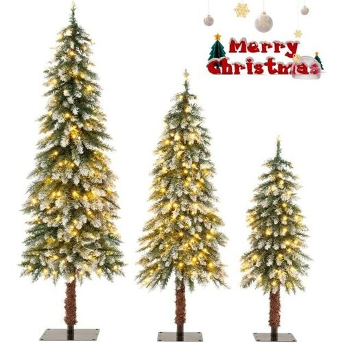 Tweedekans Set van 3 Kunstkerstbomen Besneeuwde Kerstboom met 129/231/369 PVC-Takken en 50/100/150 Warmwitte LED-Verlichting 90 /120 /150 cm