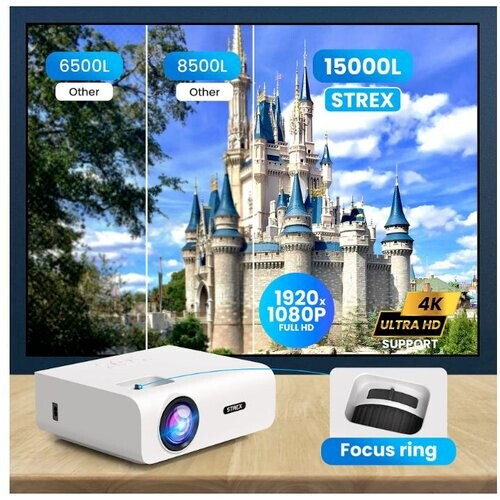 Tweedekans Strex - Mini beamer/projector - 1080P Full HD - 15000 lumen - Draadloos streamen - WiFi - Bluetooth - Wit