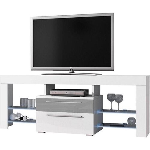 Tweedekans TV meubel TV dressoir Navia high design LED verlichting body wit mat front lades hoogglans grijs